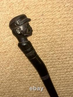 Antique Ebony African Walking Stick Hand Carved Man's Head & Tribal Patterns