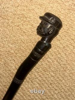 Antique Ebony African Walking Stick Hand Carved Man's Head & Tribal Patterns