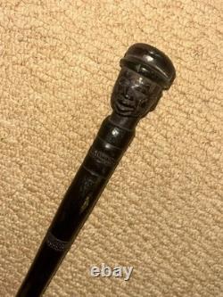 Antique Ebony African Walking Stick Hand Carved Man's Head & Tribal Patterns