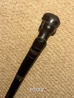 Antique Ebony African Walking Stick Hand Carved Man's Head & Tribal Patterns