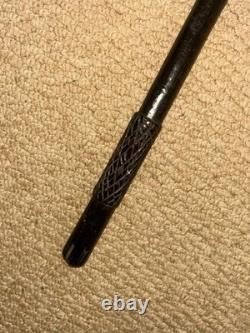 Antique Ebony African Walking Stick Hand Carved Man's Head & Tribal Patterns