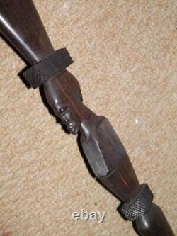 Antique Ebony African Walking Stick With Hand-Carved Heron & Man Shaft 91.5cm