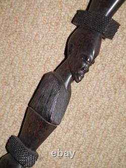 Antique Ebony African Walking Stick With Hand-Carved Heron & Man Shaft 91.5cm