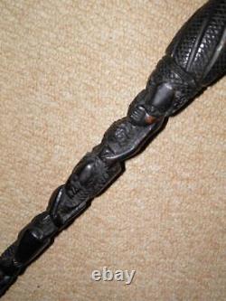 Antique Ebony African Walking Stick With Hand-Carved Men Climbing Tree Shaft -90cm
