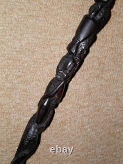 Antique Ebony African Walking Stick With Hand-Carved Men Climbing Tree Shaft -90cm