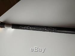 Antique Ebony Carved Walking Cane with Silver Collar