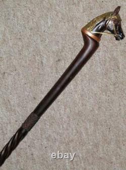 Antique Ebony Hand Carved Horse Head Top With Brass Mane Walking Cane/Stick
