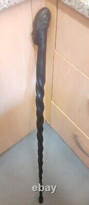 Antique Ebony Tribal African Walking Stick/Cane Carved Man Head 91.5cm VGC