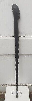 Antique Ebony Tribal African Walking Stick/Cane Carved Man Head 91.5cm VGC