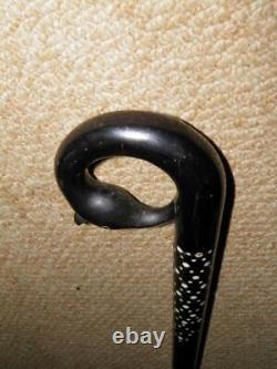 Antique Ebony Tribal African Walking Stick With Hand-Carved Crane Handle 92cm