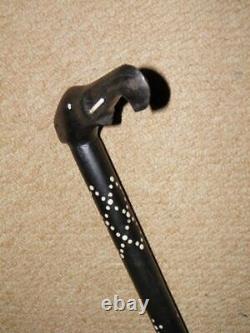 Antique Ebony Tribal African Walking Stick With Hand-Carved Elephant Top 92.5cm