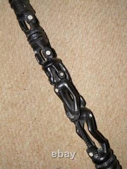 Antique Ebony Tribal Walking Stick/Cane With Carved Men & Mother Of Pearl 91cm