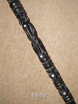 Antique Ebony Tribal Walking Stick/Cane With Carved Men & Mother Of Pearl 91cm
