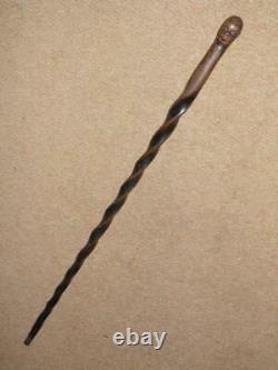 Antique Ebony Tribal Walking Stick/Cane With Hand-Carved African Man Head 89.5cm