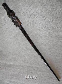 Antique Ebony Walking Stick / Cane Carved Top African Benin Warrior Eben