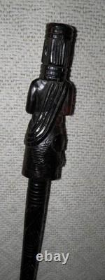 Antique Ebony Walking Stick / Cane Carved Top African Benin Warrior Eben