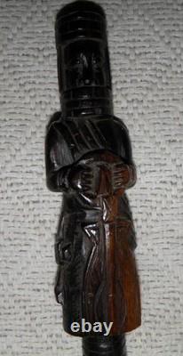 Antique Ebony Walking Stick / Cane Carved Top African Benin Warrior Eben