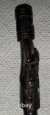 Antique Ebony Walking Stick / Cane Carved Top African Benin Warrior Eben