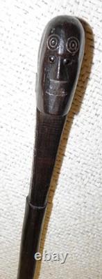 Antique Ebony Walking Stick / Cane Hand Carved African Man's Head Glass Eyes