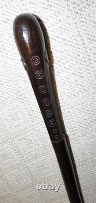 Antique Ebony Walking Stick / Cane Hand Carved African Man's Head Glass Eyes