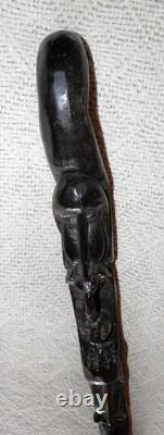 Antique Ebony Walking Stick / Cane Hand Carved African Pipe Smoking Men's Heads