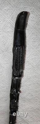 Antique Ebony Walking Stick / Cane Hand Carved African Pipe Smoking Men's Heads