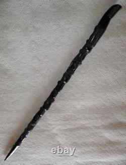Antique Ebony Walking Stick / Cane Hand Carved African Pipe Smoking Men's Heads