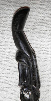 Antique Ebony Walking Stick / Cane Hand Carved African Pipe Smoking Men's Heads