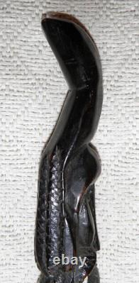 Antique Ebony Walking Stick / Cane Hand Carved African Pipe Smoking Men's Heads