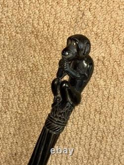 Antique Ebony Walking Stick / Cane Hand-Carved Sitting Monkey Top & Spiral Shaft