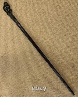 Antique Ebony Walking Stick / Cane Hand-Carved Sitting Monkey Top & Spiral Shaft