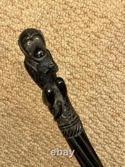 Antique Ebony Walking Stick / Cane Hand-Carved Sitting Monkey Top & Spiral Shaft