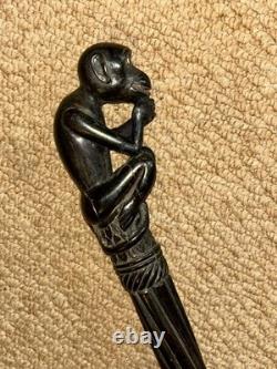 Antique Ebony Walking Stick / Cane Hand-Carved Sitting Monkey Top & Spiral Shaft
