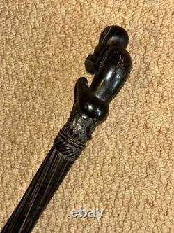 Antique Ebony Walking Stick / Cane Hand-Carved Sitting Monkey Top & Spiral Shaft