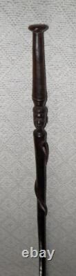 Antique Ebony Walking Stick Carved African Man's Head With Tribal Marks & Snake