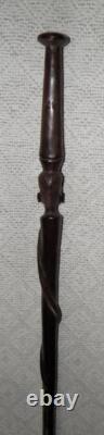 Antique Ebony Walking Stick Carved African Man's Head With Tribal Marks & Snake
