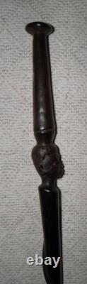 Antique Ebony Walking Stick Carved African Man's Head With Tribal Marks & Snake