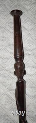 Antique Ebony Walking Stick Carved African Man's Head With Tribal Marks & Snake