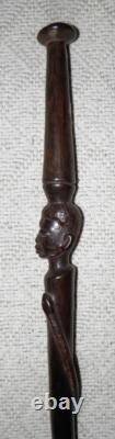 Antique Ebony Walking Stick Carved African Man's Head With Tribal Marks & Snake