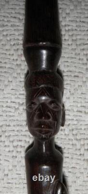 Antique Ebony Walking Stick Carved African Man's Head With Tribal Marks & Snake