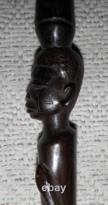 Antique Ebony Walking Stick Carved African Man's Head With Tribal Marks & Snake