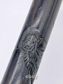 Antique English Walking Stick Carved Lucky Dragon on Ebony Wood withsilver Handle