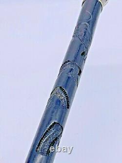 Antique English Walking Stick Carved Lucky Dragon on Ebony Wood withsilver Handle