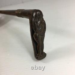 Antique Exotic Hard Wood Walking Stick Carved Woman Handle Copper Band 90cm Long