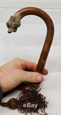 Antique FIne Carved Dog Head Cane Walking Stick Umbrella Handle Signed Maker S D