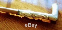 Antique Faux Ivory Carved LEAFS Walking Stick, 38 L. Heavy & Sturdy