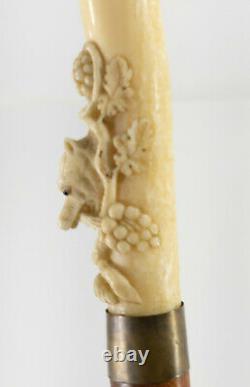 Antique Finely Carved Folk Art Cane Walking Stick Black Forest Wolf Grapes