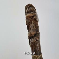 Antique Finely Carved Wooden Walking Stick Handle Dog Chasing A Hare