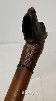 Antique Folk Americana Carved Dog Head Cane Walking Stick Gadget As Is