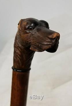 Antique Folk Americana Carved Dog Head Cane Walking Stick Gadget As Is